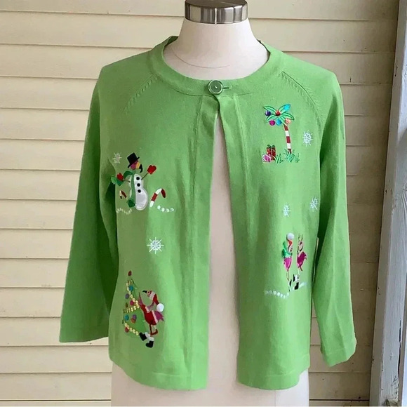 Crystal Kobe Light Green Christmas Cardigan Sweater Tropical Flamingo Size Large - Picture 1 of 9